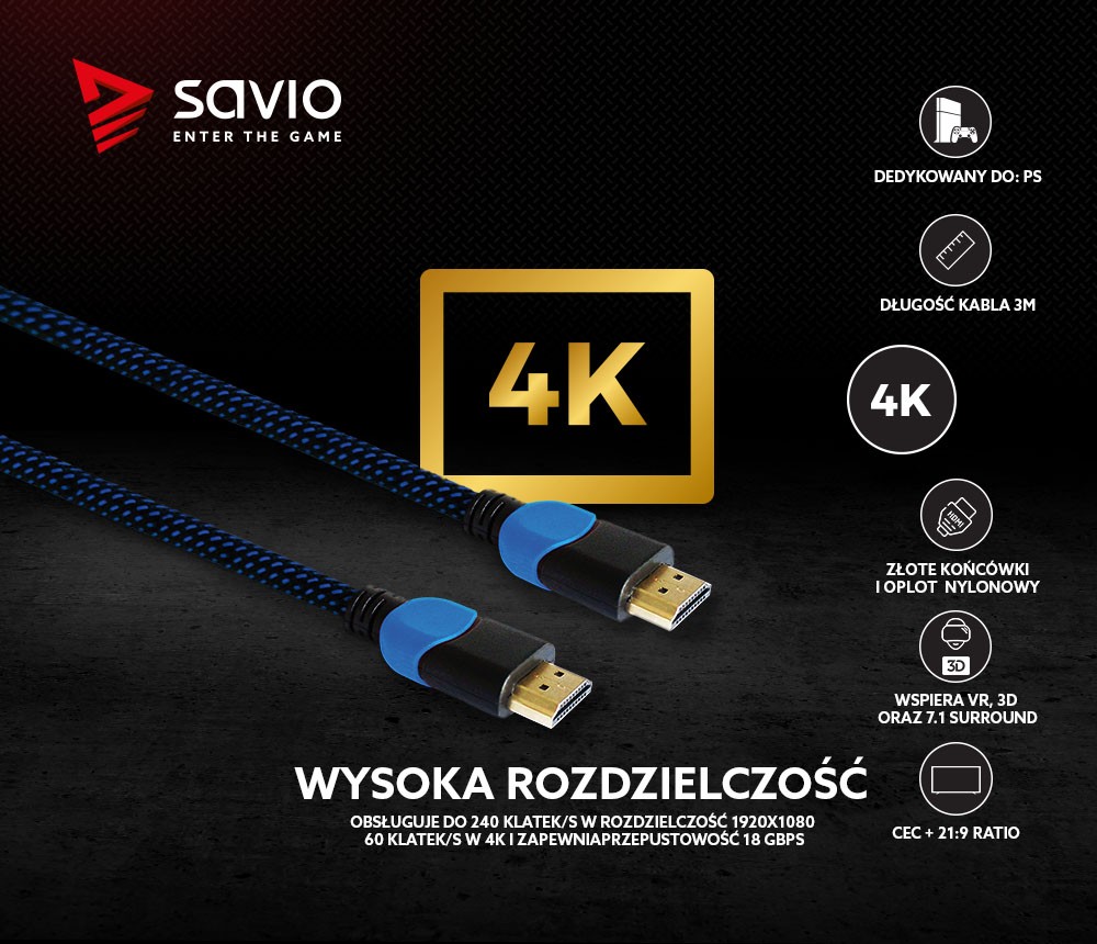 Kabel HDMI 2.0 dedykowany do Playstation niebiesko-czarny 3m, GCL-05